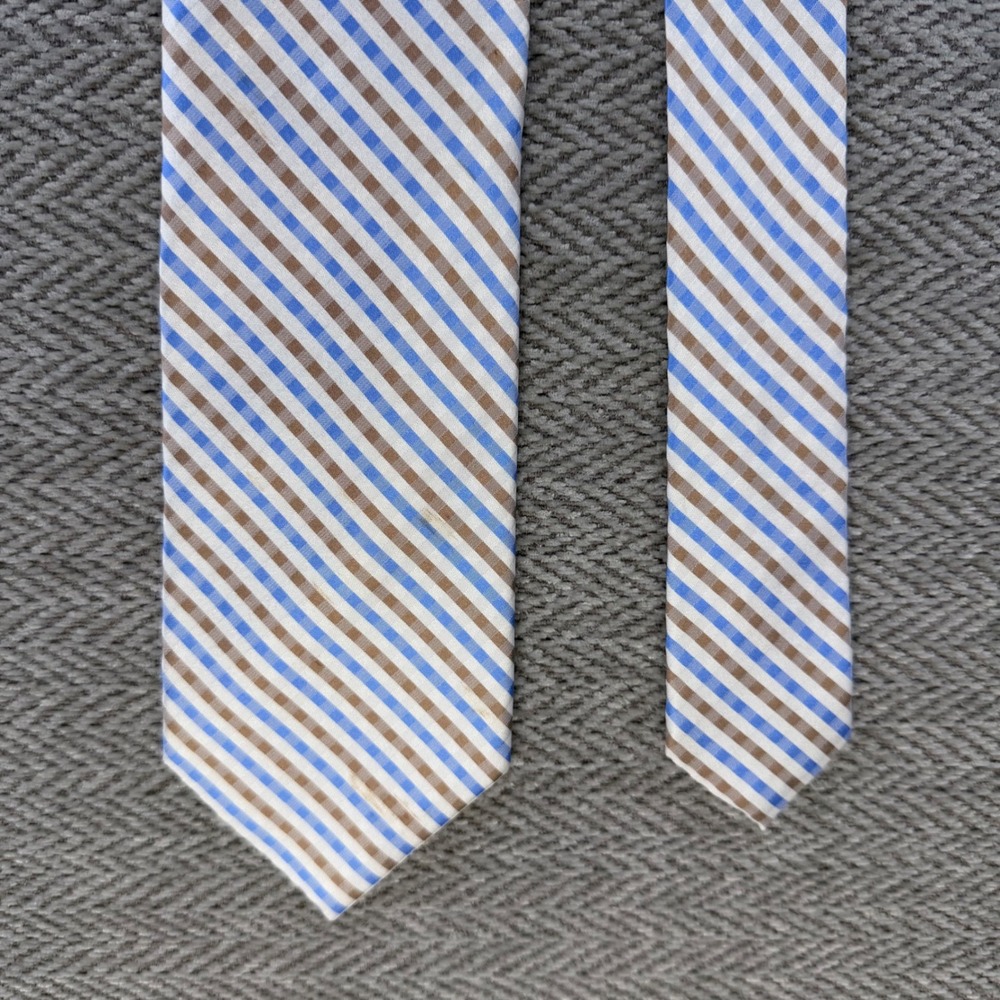 Saks Fifth Avenue Necktie OS Blue Brown Silk Gingham Plaid Check Business Tie